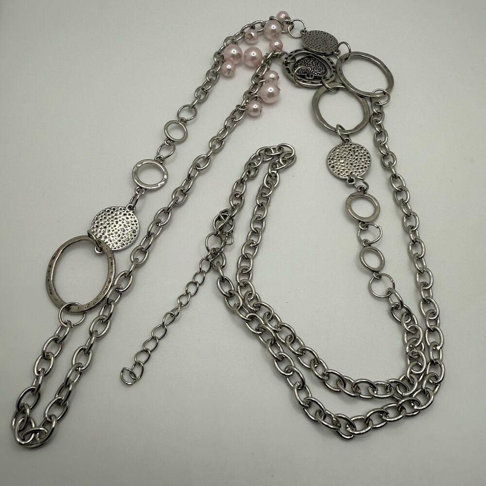 Silver Tone‎ Necklace Faux Pink Pearl Heart Charm Long 40” + 3” Extender